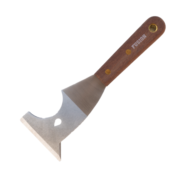 Fusion Multi‑Purpose Paint Scraper – Wooden Handle The Fusion Multi‑Purpose Paint Scraper is a durable, versatile tool designed for painters, decorators, and DIY users who need reliable performance on every job. Built with a solid wooden handle and secured by brass rivets, it offers a comfortable, stable grip for extended use. The high‑quality metal blade features multiple functional cut‑outs, making it more than just a scraper. It can remove paint, clean rollers, scrape surfaces, and assist with opening paint cans—all in one compact tool. The integrated hanging hole allows for easy storage on hooks, belts, or tool boards. Key Features Sturdy wooden handle with ergonomic grip Precision‑cut metal blade for smooth scraping Integrated roller‑cleaning notch Multi‑function cut‑outs for added utility Durable brass rivets for long‑lasting strength Hanging hole for convenient storage Ideal for painters, decorators, and general maintenance Perfect For Removing old paint and adhesives Cleaning paint rollers Preparing surfaces before painting Opening paint cans General workshop or household use