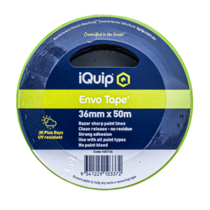 iQuip Envo Tape 36mm x 50m Razor sharp paint lines Clean release – no residue Strong adhesion Use with all paint types No paint bleed 30 Plus Days UV resistant