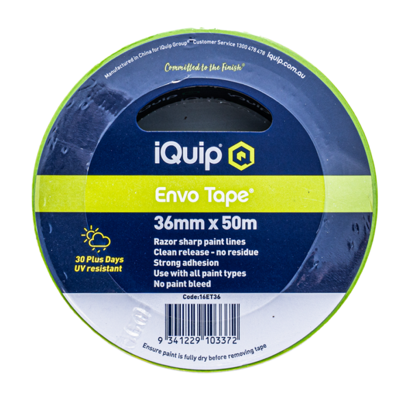 iQuip Envo Tape 36mm x 50m Razor sharp paint lines Clean release – no residue Strong adhesion Use with all paint types No paint bleed 30 Plus Days UV resistant